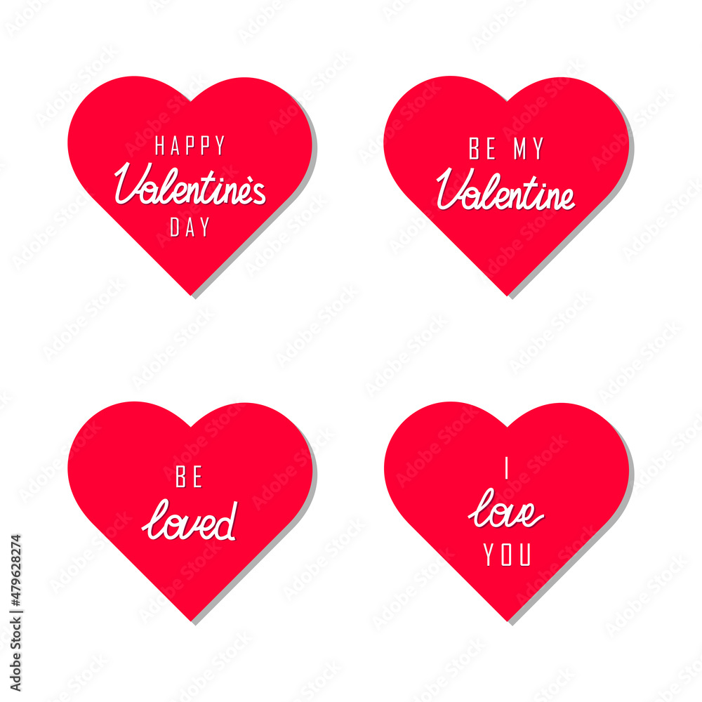 Valentine's day heart sticker set. Vector collection illustration. Hearts with quotes about love. Cute love sale banner, postcard, greeting card.