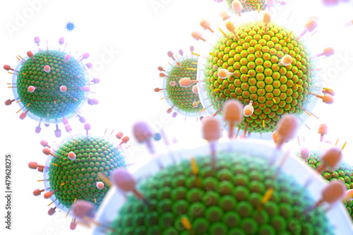 Paramyxovirus mumps , COVID pandemic, Close-up of virus under microscope. Realistic high quality medical 3d render. photo