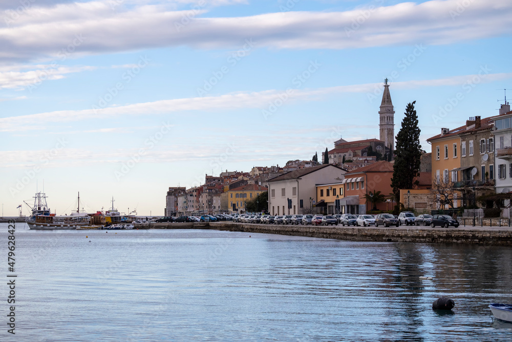 Beautiful town of Rovinj and its famous church Saint Euphemia with recognizable tower high above the houses