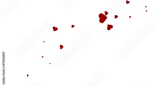 Slowly flying red hearts across a white clean copy space background. 