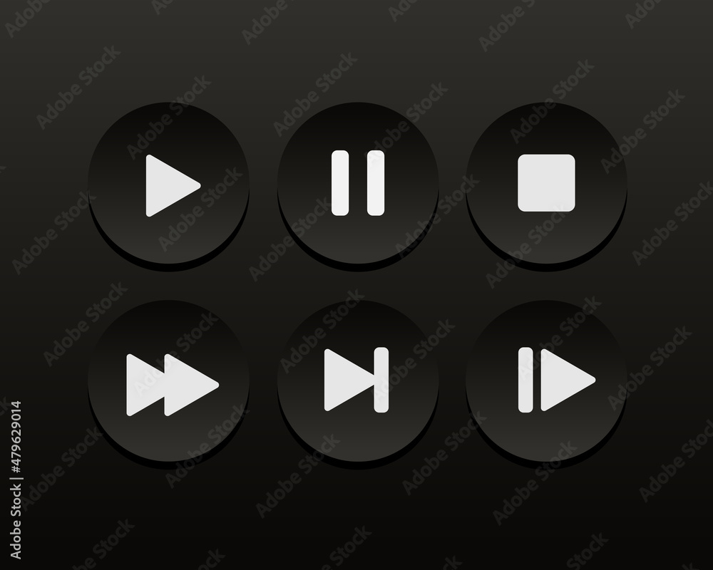 Set of black play buttons. Play, pause, forward, skip, stop. Vector clipart isolated on dark background. Set of black play buttons. Play, pause, forward, skip, stop. Vector clipart isolated on dark background.