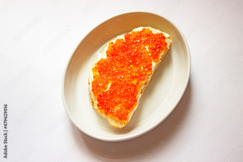 Two sandwiches with red caviar on a porcelain plate Two sandwiches with red caviar on a porcelain plate