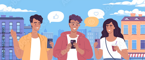 Young people communicate online through a mobile application. Modern cityscape and people vector illustration