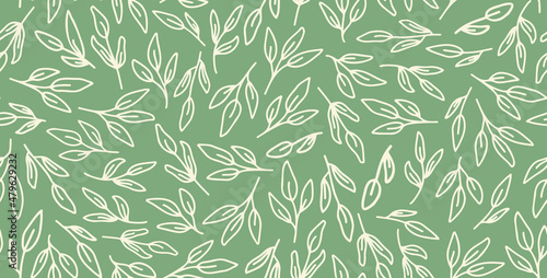 Outline leaves seamless repeat pattern on sage green background. Random placed, vector doodled botany leaf all over surface print.