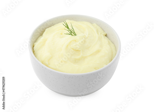 Bowl with freshly cooked homemade mashed potatoes isolated on white