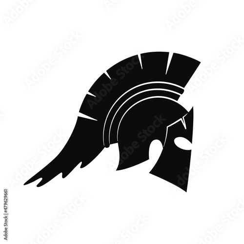 Silhouette of the helmet of a warrior of ancient Greece. Black and white illustration for logo, icons. White isolated background.