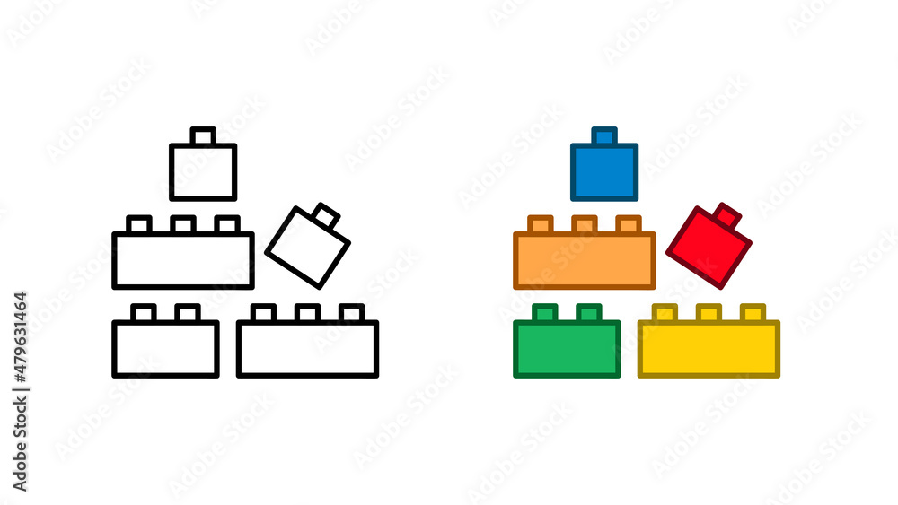 Interlocking brick block cubes baby toy icon special collection. Colorful and linear children's products icon set. Design element colored flat icon and linear symbol. Editable linear icon set.