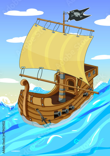 Pirate ship illustration cartoon sea blue wave splash flag skull full sea big wave digital art 