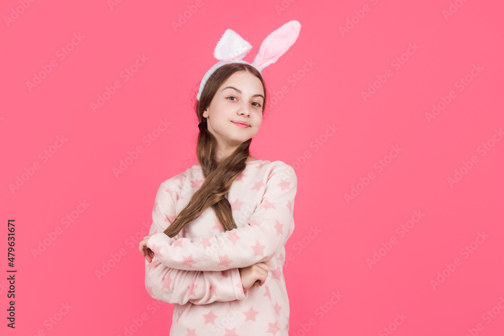 nice hairstyle. happy childhood. cheerful bunny kid. copy space. happy easter holiday.