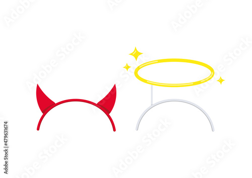 Devil horns and angel gold halo on headband set isolated on white background. Angelic golden nimbus photo props and red horned demon hair band. Flat design cartoon vector illustration.