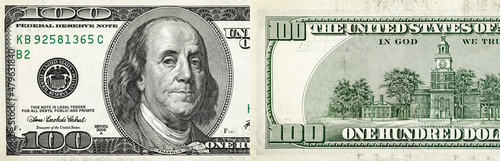 100 dollar bill, USA money, two sides, the largest denomination