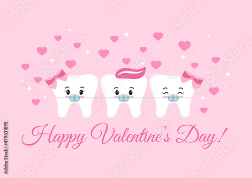 Teeth in braces with hearts and sparkles. Happy Valentines Day tooth with bracket system for dentist greeting card. Flat design cartoon funny dental orthodontic character vector illustration. 