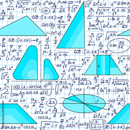 Mathematical vector seamless pattern with handwritten math and physics plots and multicolored geometrical figures