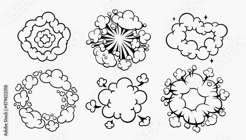 Comic clouds, cartoon vector clouds in line style isolated on light background.