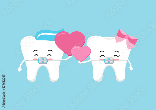 Tooth couple with braces in love and hearts in hand. Happy Valentines Day teeth in brackets holds pink heart for dentist greeting. Flat design cartoon funny dental character vector illustration. 