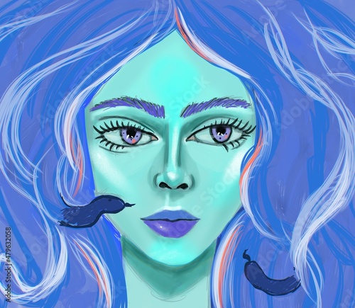 A painted magical girl with blue skin and blue hair  a gorgon medusa girl with snake hair.