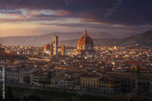 Florence or Firenze, Duomo Cathedral landmark. Sunset view from Piazzale Michelangelo. Italy