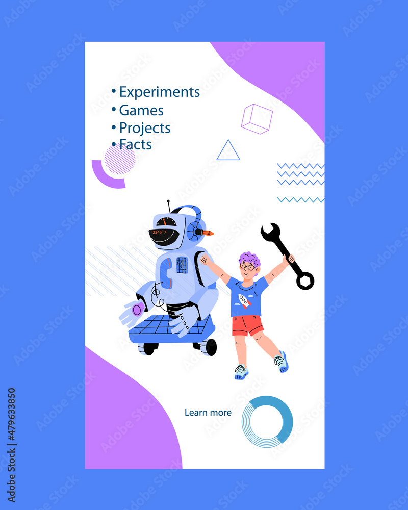 School robotics lessons and classes concept of banner with child presenting humanoid robot, flat vector illustration. Kids robotic classes and electronic technology, programming. School robotics lessons and classes concept of banner with child presenting humanoid robot, flat vector illustration. Kids robotic classes and electronic technology, programming.
