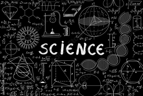 Scientific handwritten vector seamless pattern with the word "Science", chemical equipment, math formulas and figures around it. The chalk writings on school blackboard