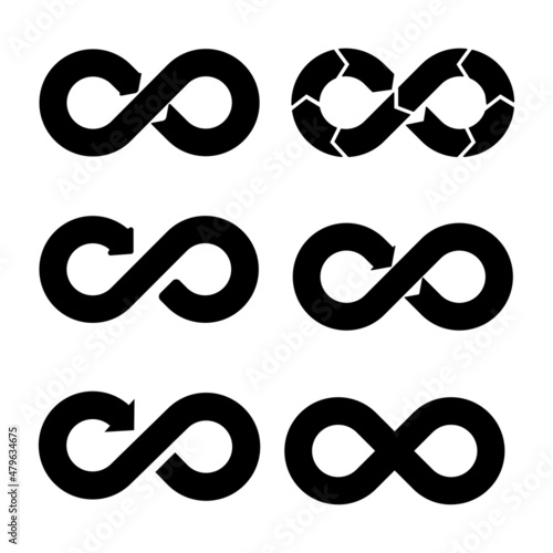 Set infinity symbols, arrow icons, pointers, infinite motion, closed loop design, Euler circle, vector illustration, endless universes, a path, interesting logos and banners
