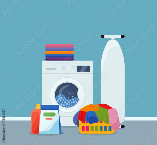 Laundry room interior with washing machine, ironer, iron, clothes and cleaning products.