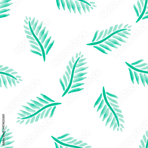 Seamless pattern with hand-drawn watercolor green branches with leaves on white. Summer, spring season. Organic, natural, freshness concept for textile, print, etc.