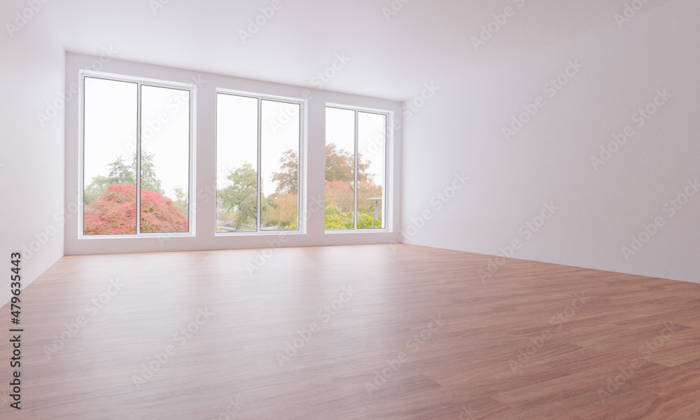 Fototapeta premium Light empty room with summer landscape in window. 3D illustration