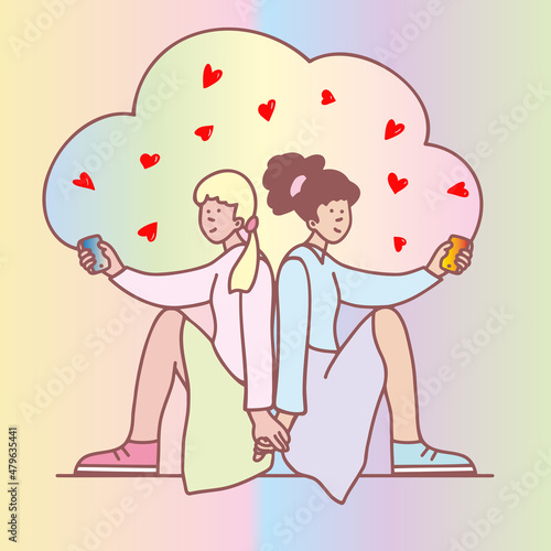 Vector color  illustration of young girls  siting together back to back and communicating on the phone by sending each other emoji - hearts.