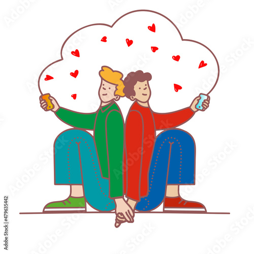 Vector color  illustration of young boys siting together back to back and communicating on the phone by sending each other emoji - hearts.