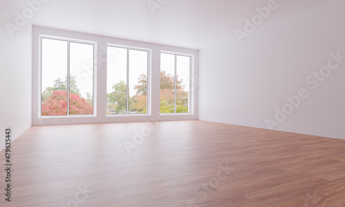 Light empty room with summer landscape in window. 3D illustration