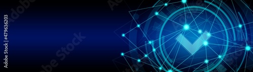 Check mark in the circle. Neon technology background. A texture of points, lines. Design, quality control, information security. Constellations. Glowing stars. Vector Illustration