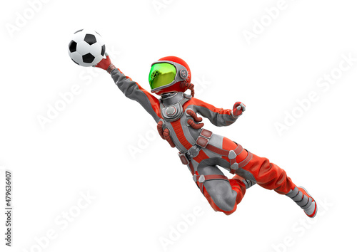 astronaut girl is playing football as a goalkeeper