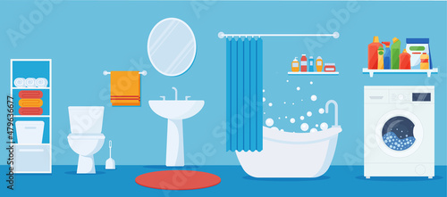 Modern interior of bathroom and toilet, and washing machine. Flat vector illustration Eps 10