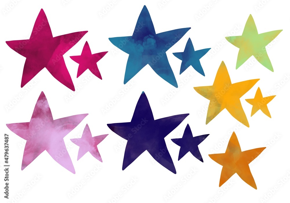 Set with coloured stars for packaging and cards and posters and postcard and magazines and stickers and kids Set with coloured stars for packaging and cards and posters and postcard and magazines and stickers and kids