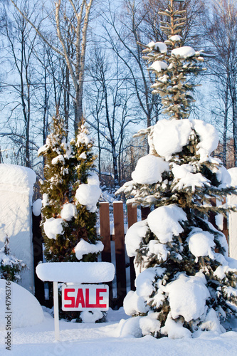 sale sign in winter with snow