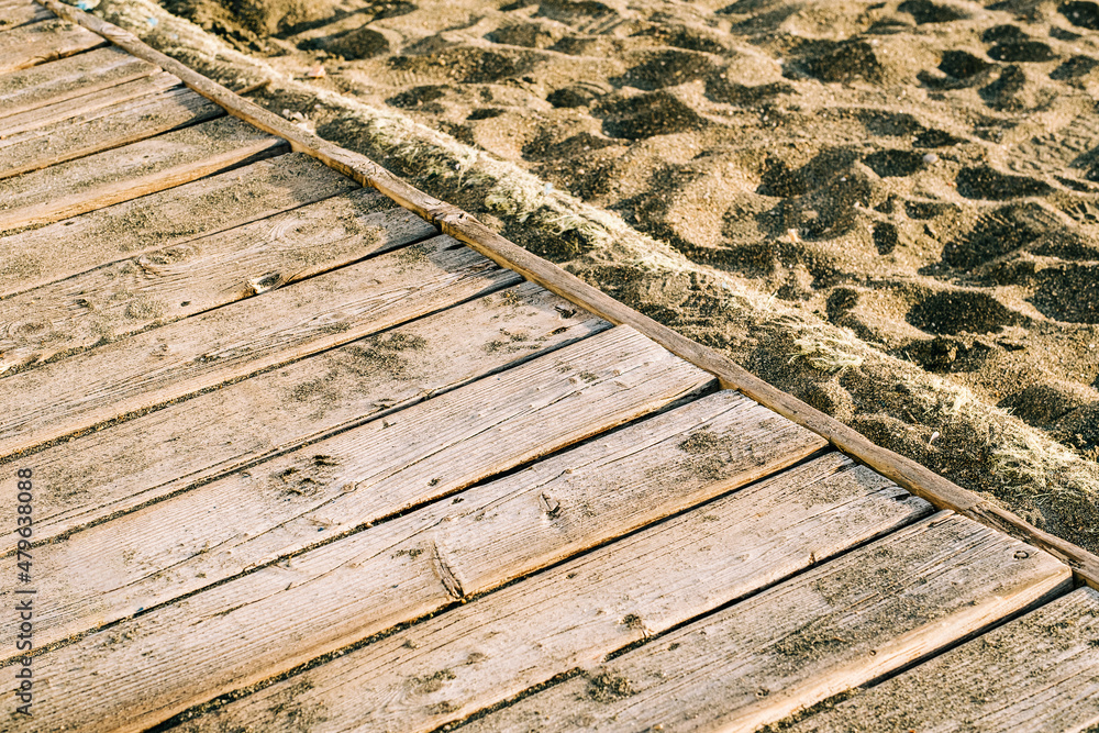  Beach summer Wooden sand Background. Sea vacation concept
