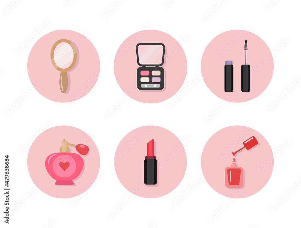 set of beauty icons in pink circle. cosmetics items. vector flat illustration of beauty and care concept. perfume, nail polish and decorative cosmetics for the face set of beauty icons in pink circle. cosmetics items. vector flat illustration of beauty and care concept. perfume, nail polish and decorative cosmetics for the face