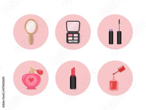 set of beauty icons in pink circle. cosmetics items. vector flat illustration of beauty and care concept. perfume, nail polish and decorative cosmetics for the face