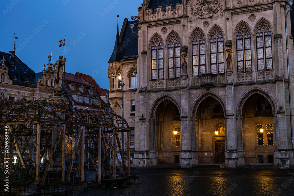 fish market and town hall in Erfurt in twilight