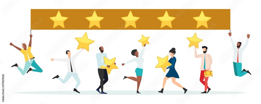 Customer feedback, testimonial, online survey concept. Group of people rating customer experience, writing review, leaving feedback. Client, user satisfaction. Isolated flat vector illustration