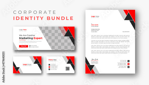 Professional business identity bundle design in red Color, for corporate office. letterhead business card timeline cover design illustration. Simple & creative modern corporate letterhead template