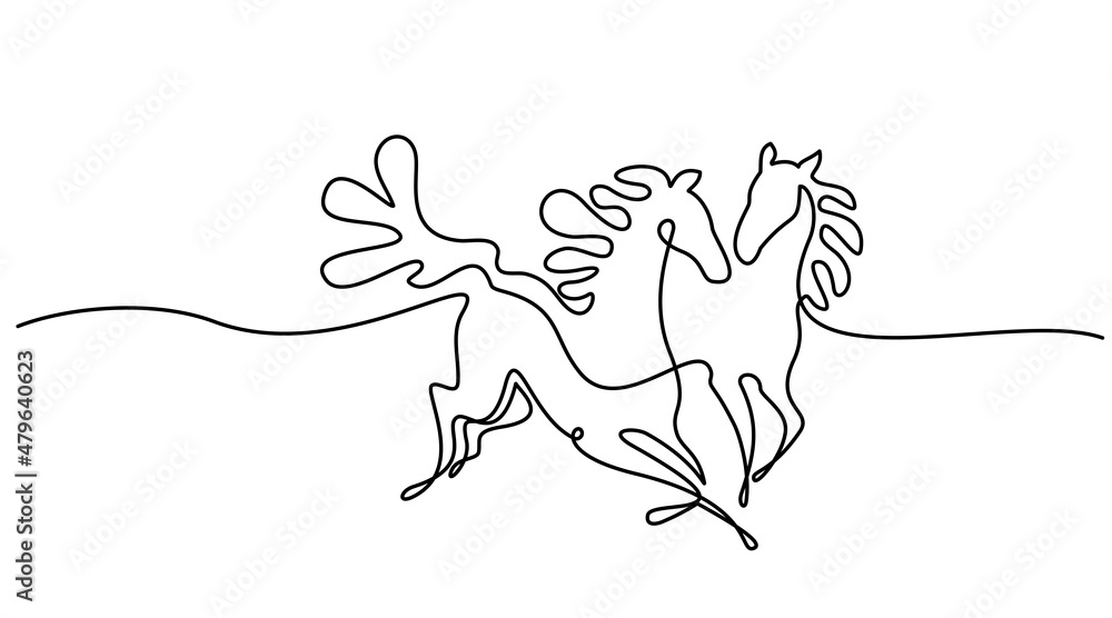 Galloping horses. Continuous one line drawing. Horse logo. Galloping horses. Continuous one line drawing. Horse logo.