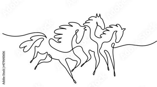 Galloping horses. Continuous one line drawing. Horse logo.