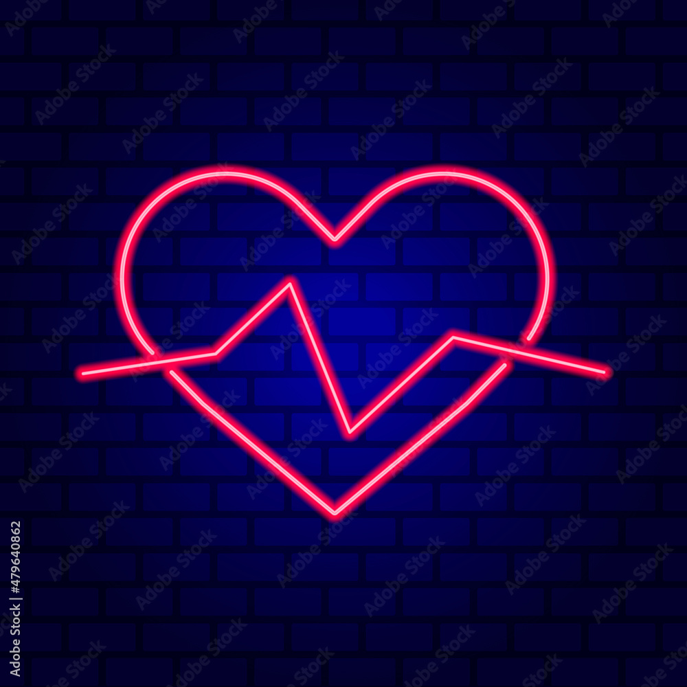 Neon heart. Bright night neon signboard on brick wall background with backlight.