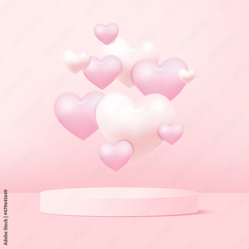 Concept of love and Valentine day with 3d pink heart and podium. Vector