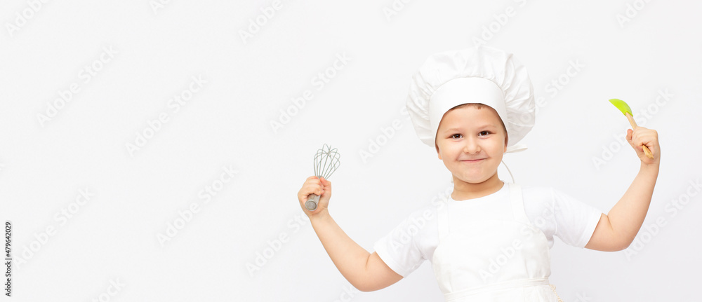 Happy little chef with a whisk, on white background banner copy space Happy little chef with a whisk, on white background banner copy space