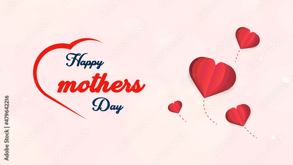 Happy Mothers Day banner. Holiday background with big heart made of pink and red Origami Hearts on soft pink background with paper cut Mom text. Design for fashion ads, poster, flyer, card, website
