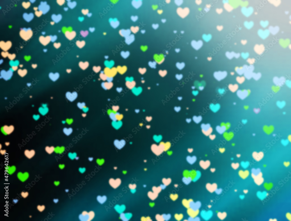 Gradient background with multi-colored hearts. Blurry background. 3D rendering
