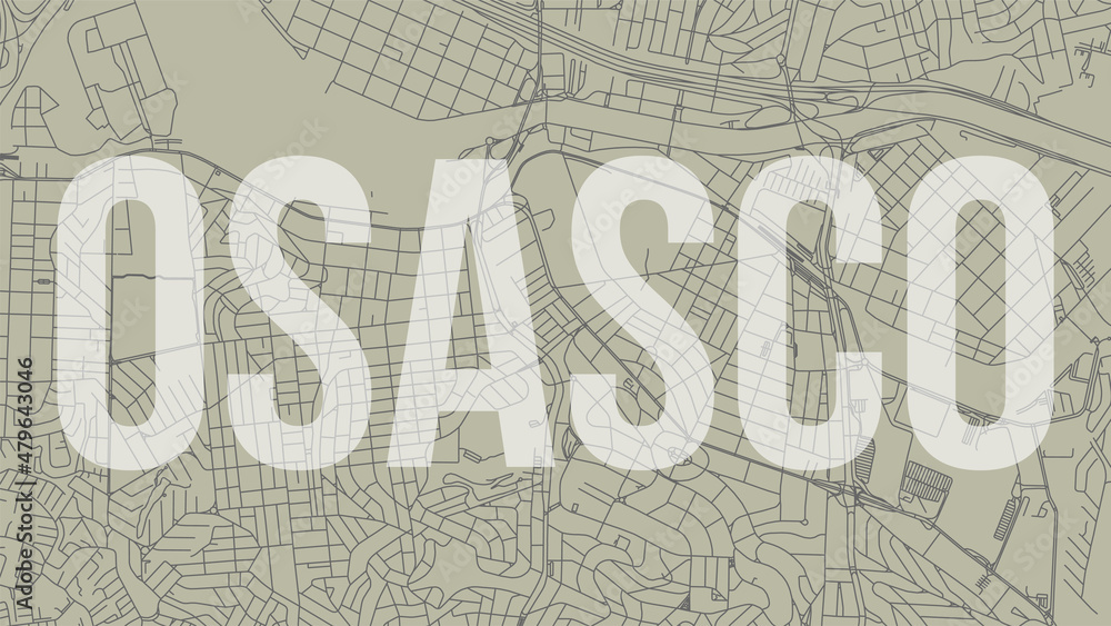 Obraz premium Osasco map city poster, horizontal background vector map with opacity title. Municipality area street map. Widescreen skyline panorama.
