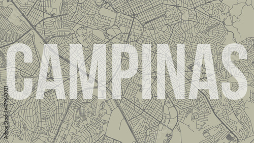 Campinas map city poster, horizontal background vector map with opacity title. Municipality area street map. Widescreen skyline panorama. photo